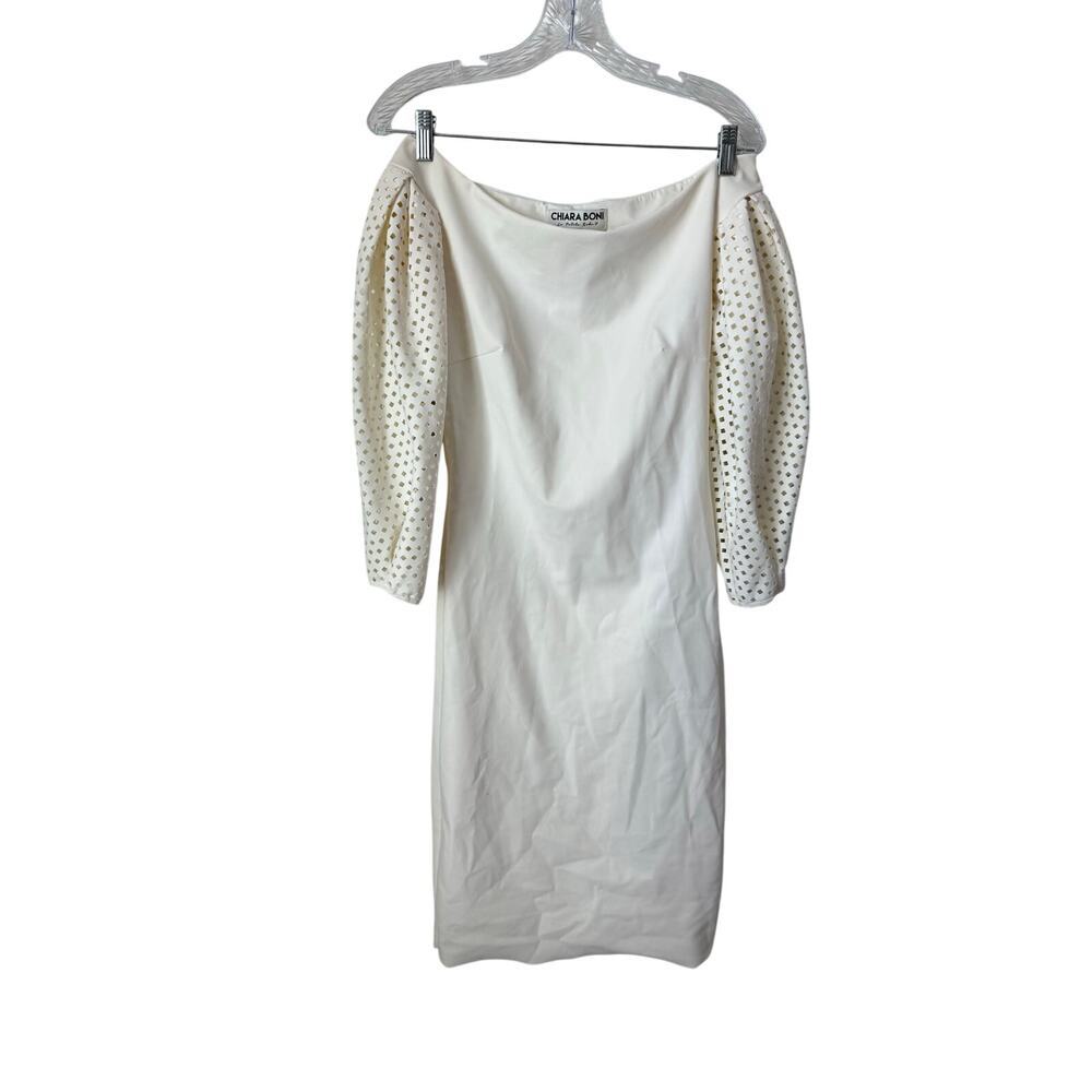 Chiara Boni Ivory Eyelet Sleeve Midi Cocktail Fitted Dress Size 46 (US 10)